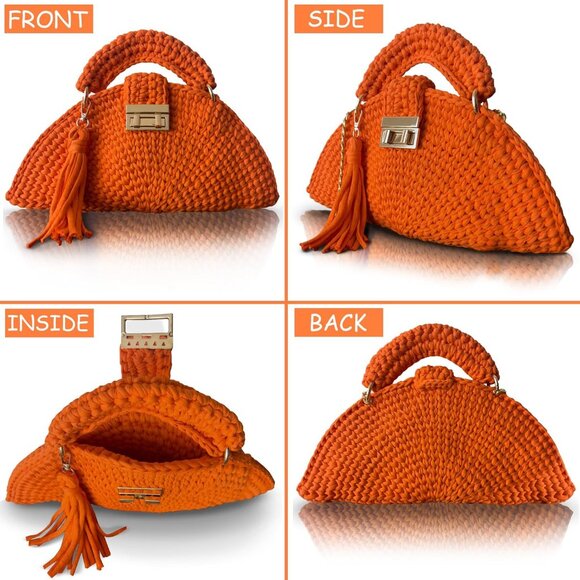 Women's Orange Handmade Crochet Evening Small Formal Flap Crossbody Clutch Bag - Picture 6 of 6